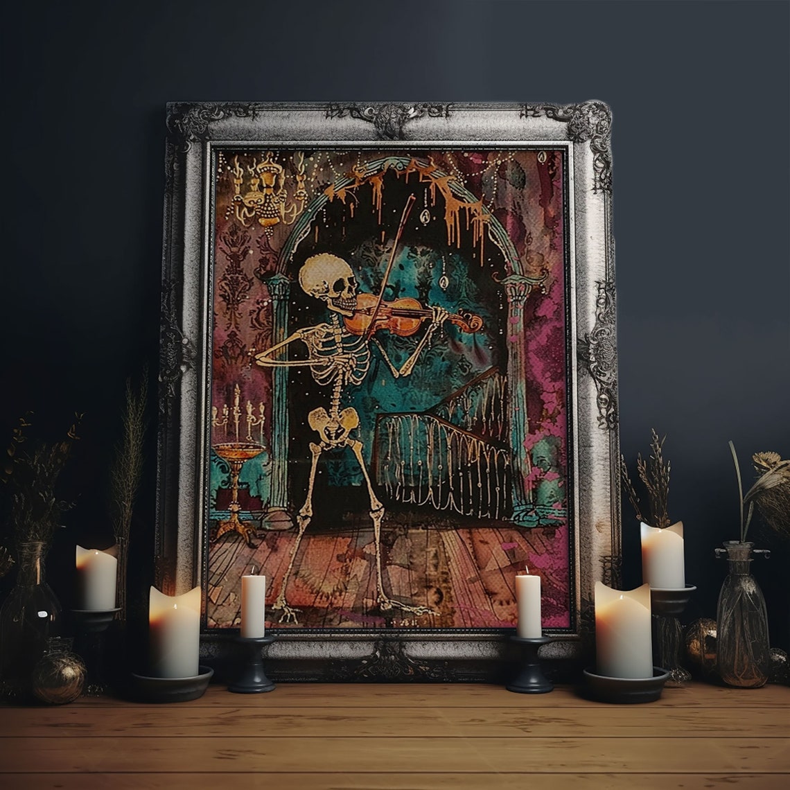 Skeleton Violinist Gothic Ballroom Chandelier Halloween Art Poster
