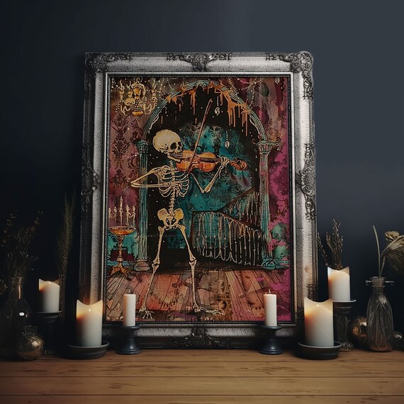 Skeleton Violinist Gothic Ballroom Chandelier Halloween Art Poster
