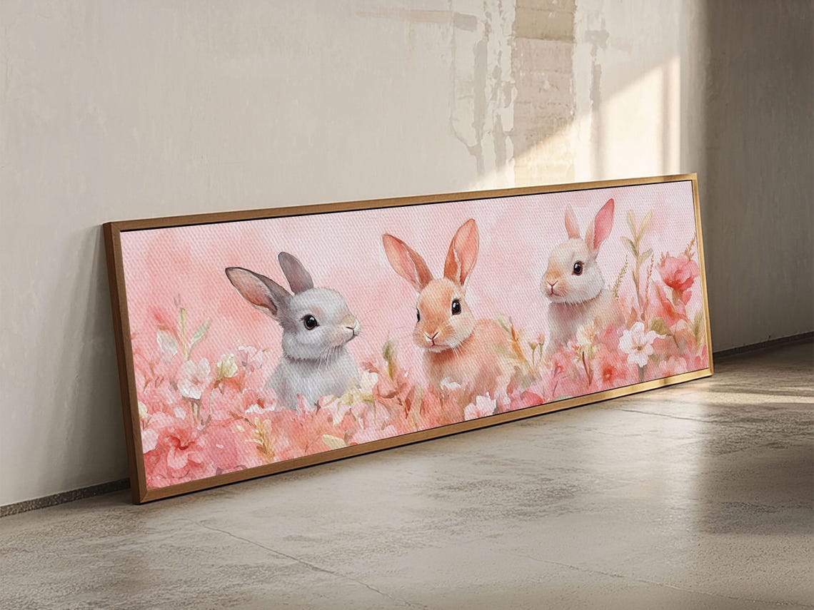 Bunny Trio Pink Floral Field Watercolor Spring Nursery Wall Art Poster - Image 4