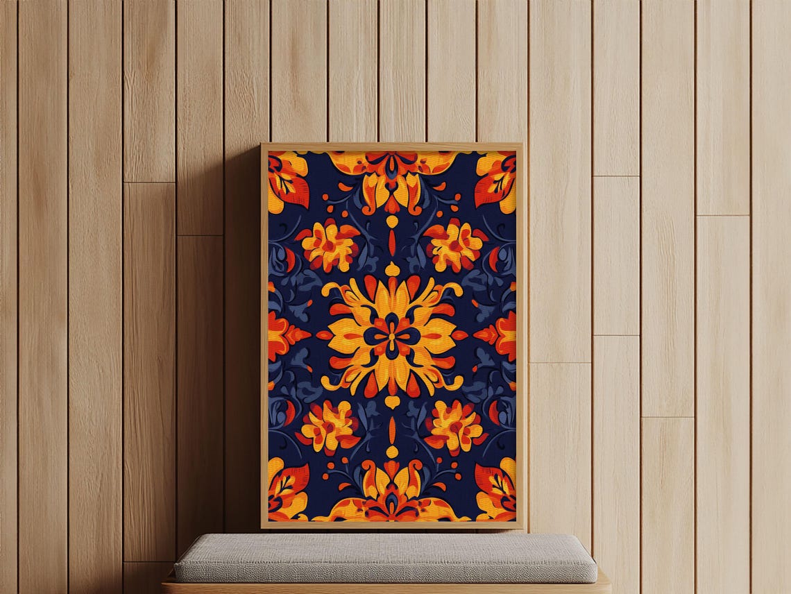 Mexican Talavera Tile Floral Pattern Bold Orange Navy Art Print - Image 3