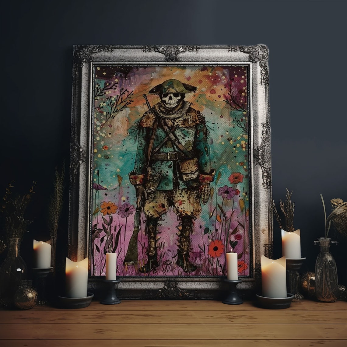 Skeleton Soldier Colorful Flower Field Spooky Halloween Art Poster