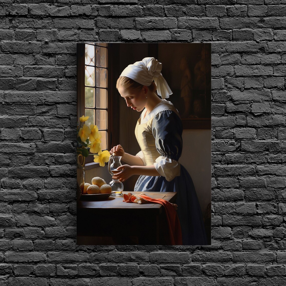 Dutch Old Master Woman Pouring at Window Yellow Flowers Kitchen Art Print - Image 6