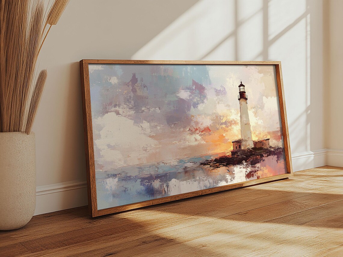 Lighthouse at Sunset Oil Painting Tall White Tower Rocky Shore Art Print - Image 3