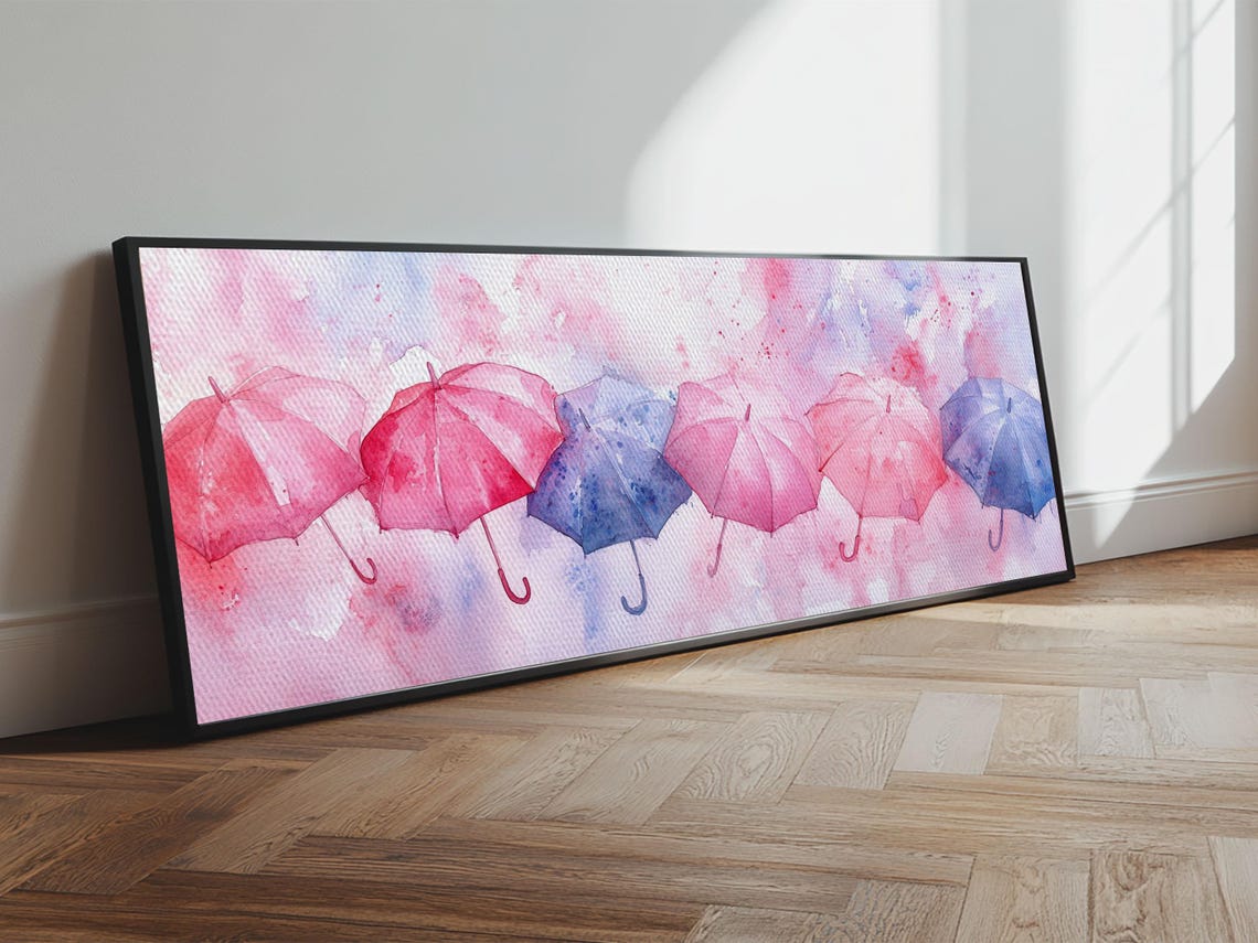 Pink Blue Watercolor Umbrellas Row Panoramic Canvas Art Poster - Image 4