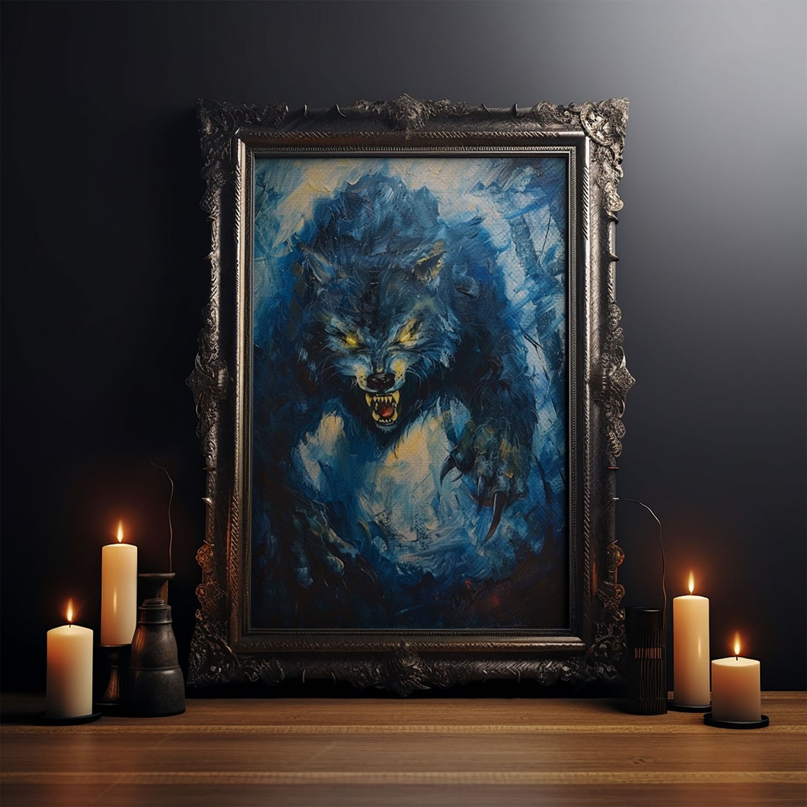 Ferocious Werewolf Snarling In Dark Forest Blue Oil Painting Print - Image 4