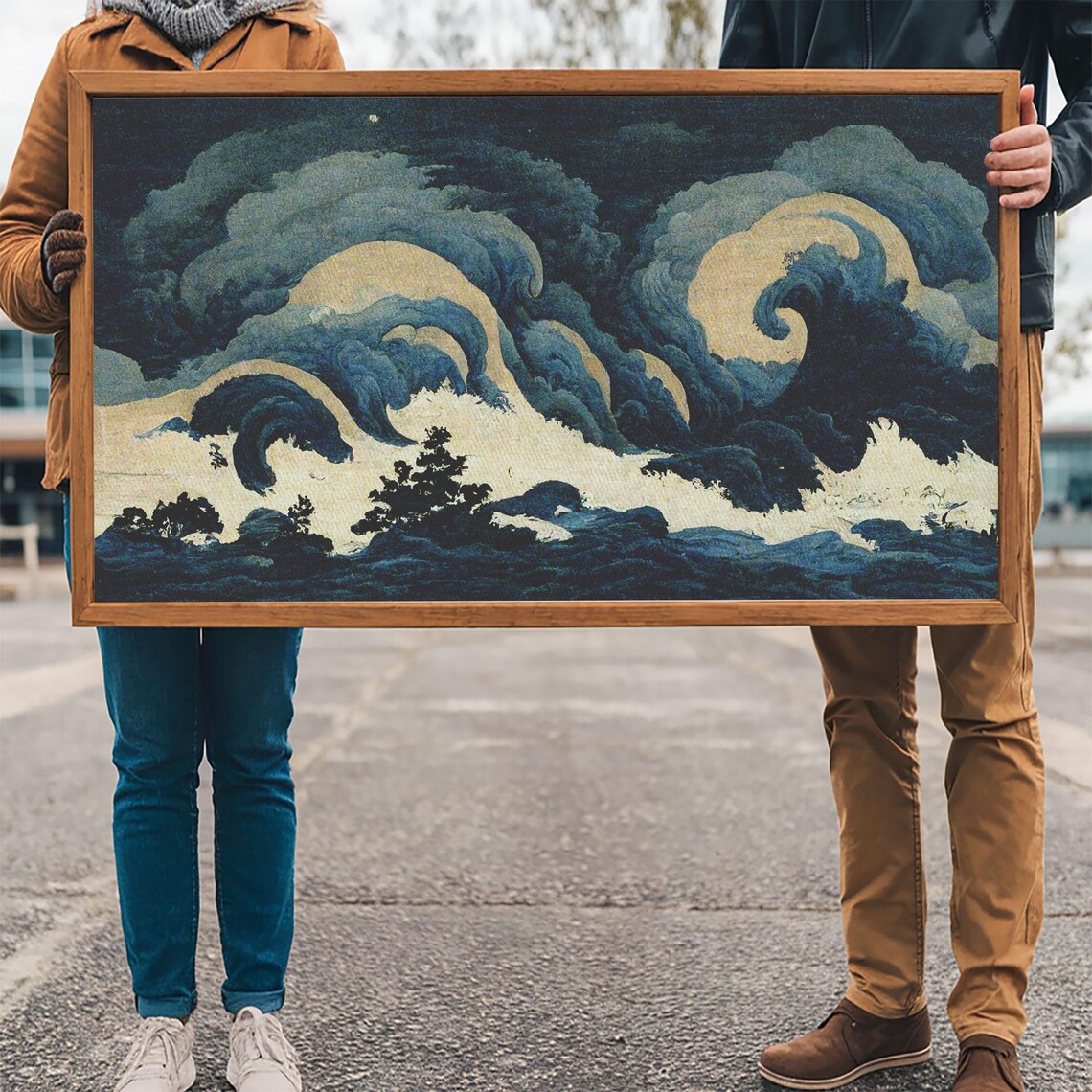 Japanese Style Stormy Sea Crashing Indigo Waves Pine Dramatic Wall Art Poster - Image 3