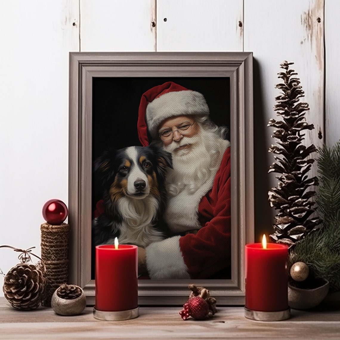 Santa Claus Hugging Australian Shepherd Christmas Dog Poster - Image 3