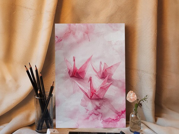 Pink Origami Cranes Watercolor Japanese Paper Birds Minimalist Poster