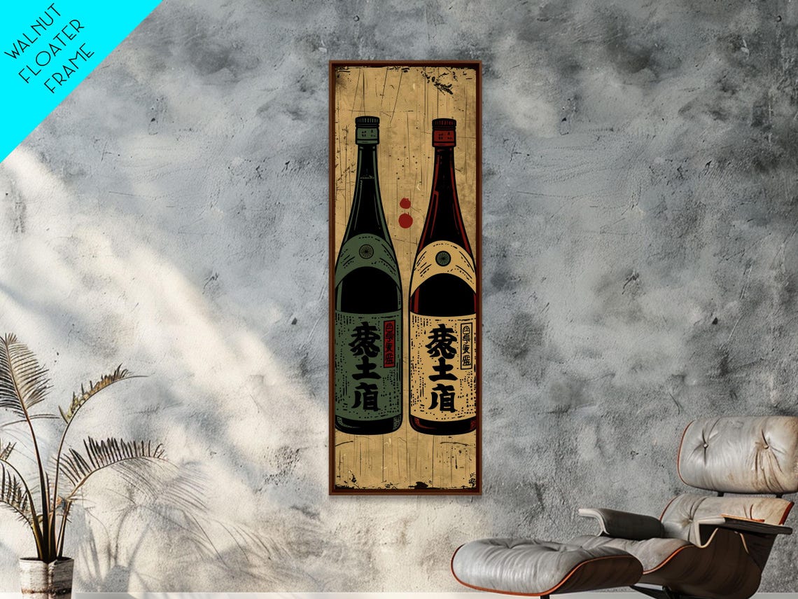 Retro Japanese Sake Bottles Pair Vintage Labels Kitchen Wall Art - Image 6