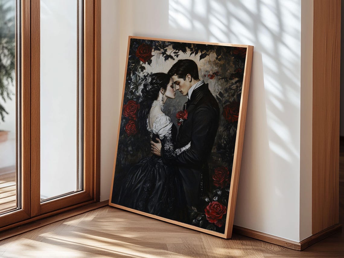 Gothic Romantic Couple Embrace Among Red Roses Dark Wall Art Print - Image 6