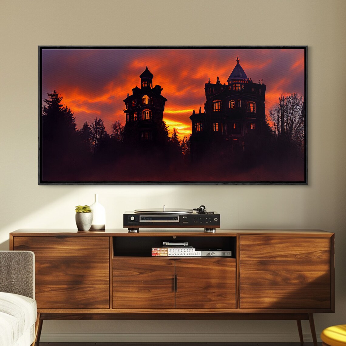 Haunted Victorian Mansion Glowing Windows Fiery Sky Halloween Wall Poster - Image 6