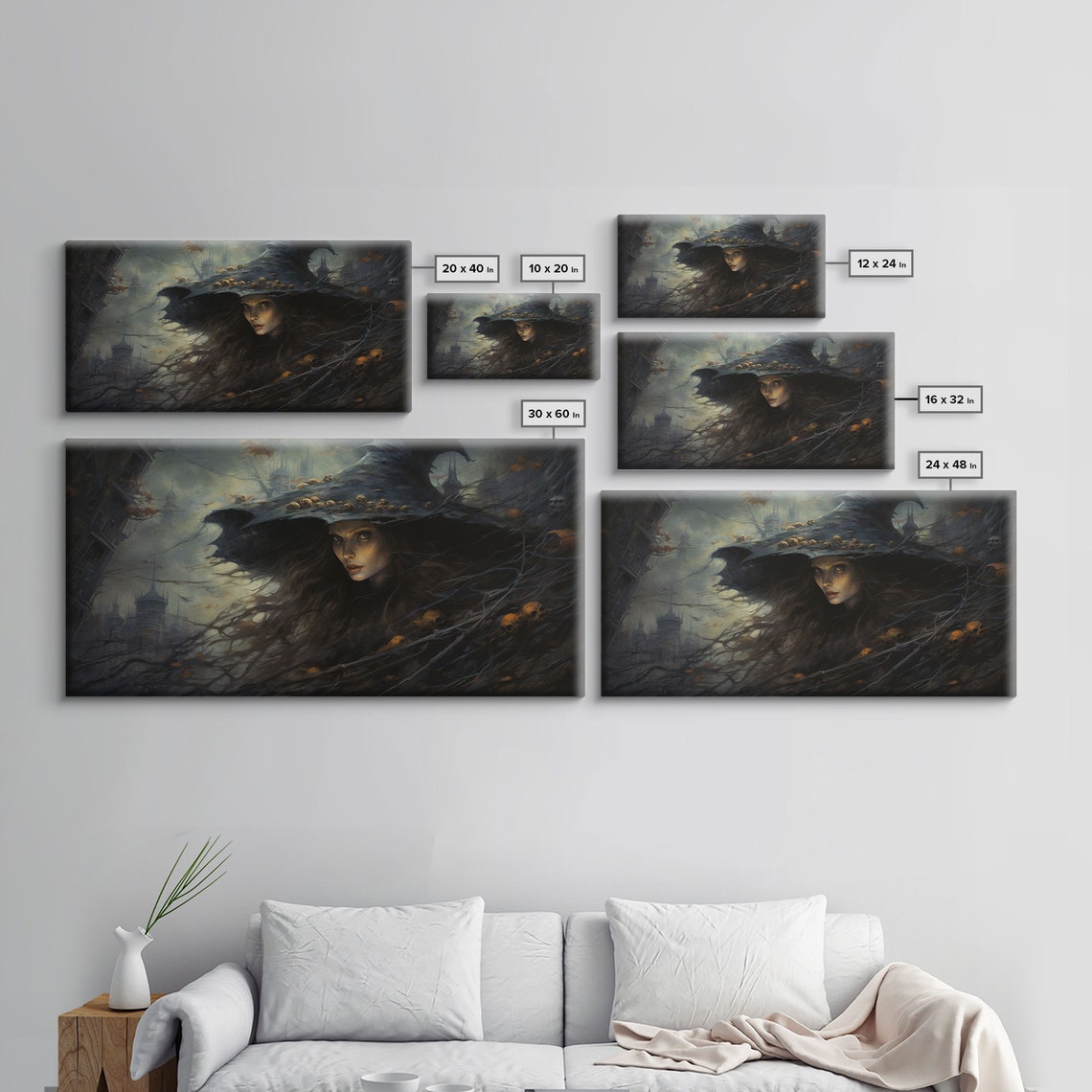 Dark Witch Portrait With Twisted Branches And Haunted Castle Print - Image 2
