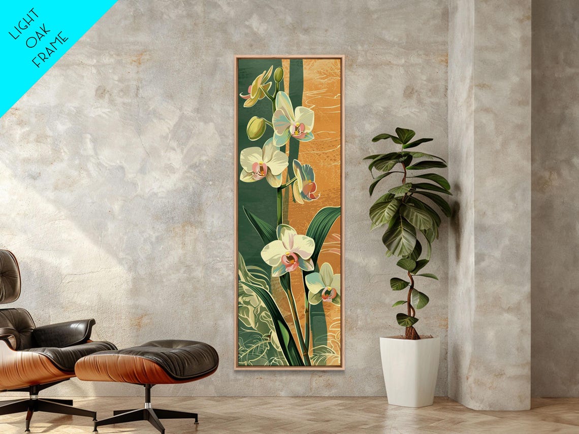 Delicate White Orchid Blossoms Teal Gold Japanese Vertical Print - Image 6