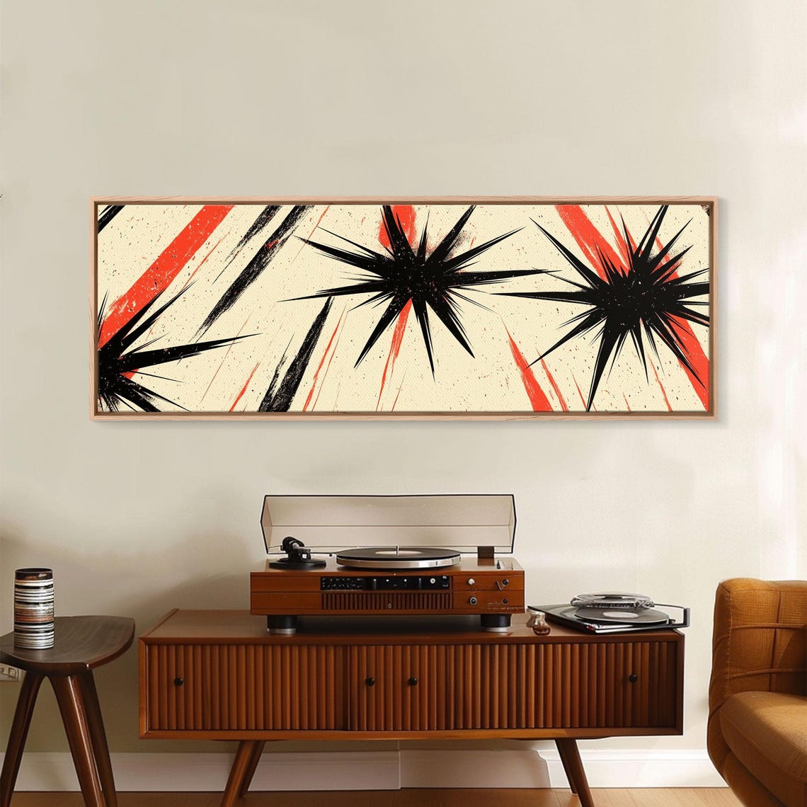 Black Starbursts With Red Streaks Mid Century Modern Abstract Poster - Image 6