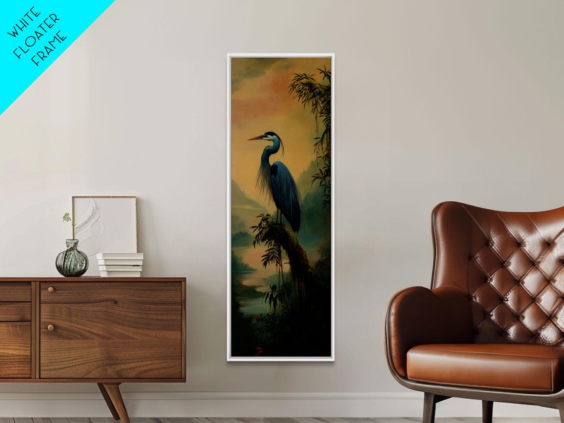 Blue Heron Sunset Perched Above Lake Oriental Style Bird Wall Art