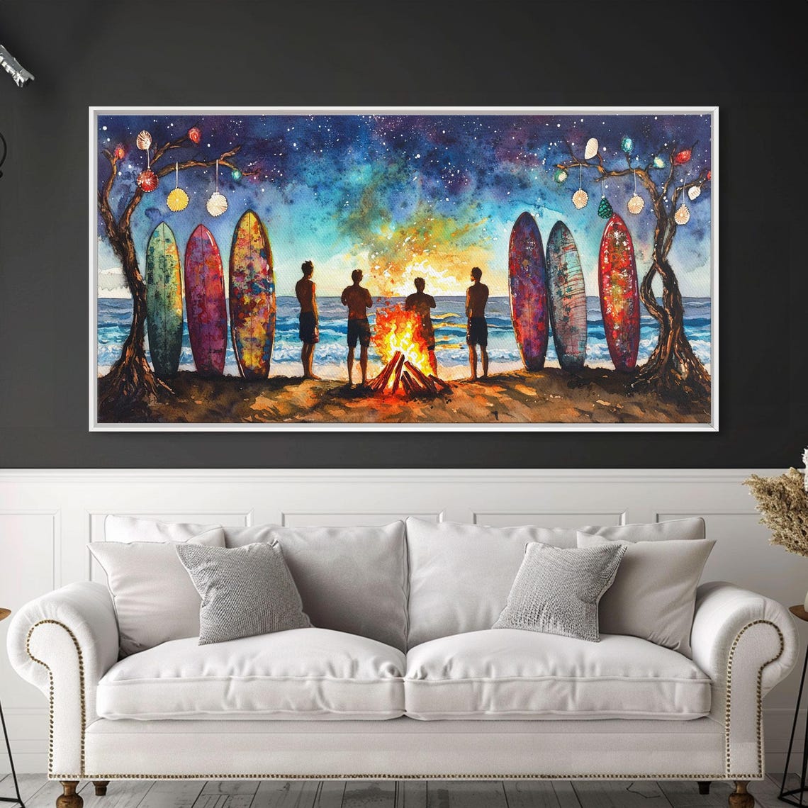 Beach Bonfire Christmas Night Surfboards Starry Sky Art Print - Image 3