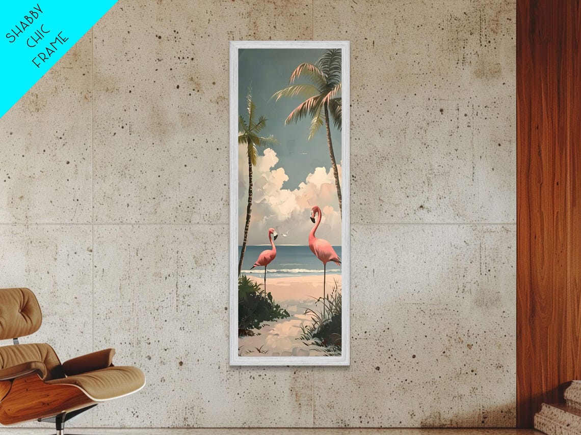 Pink Flamingos Tropical Beach Sunset Palms Retro Coastal Art Poster - Image 2