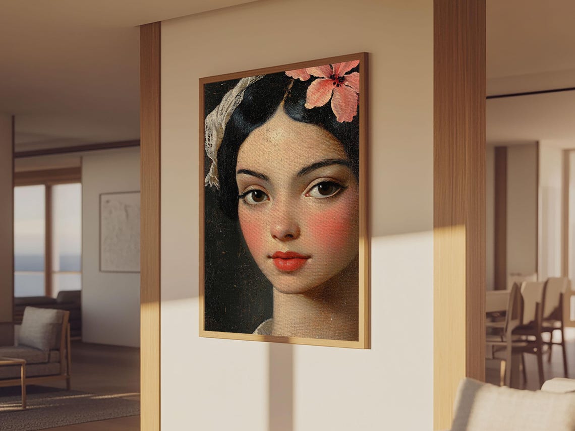 Vintage Mexicana Beauty Portrait Pink Hibiscus Flower Art Print - Image 3