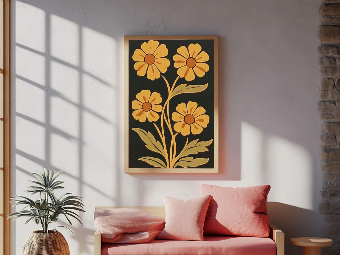Yellow Daisy Flowers Dark Background Retro Minimalist Floral Art Print - Image 4