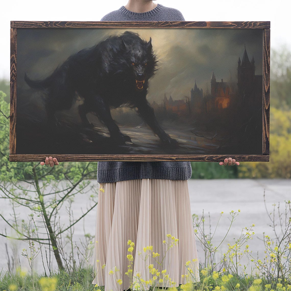 Giant Black Werewolf Gothic Castle Night Horror Painting Dark Poster - Image 2