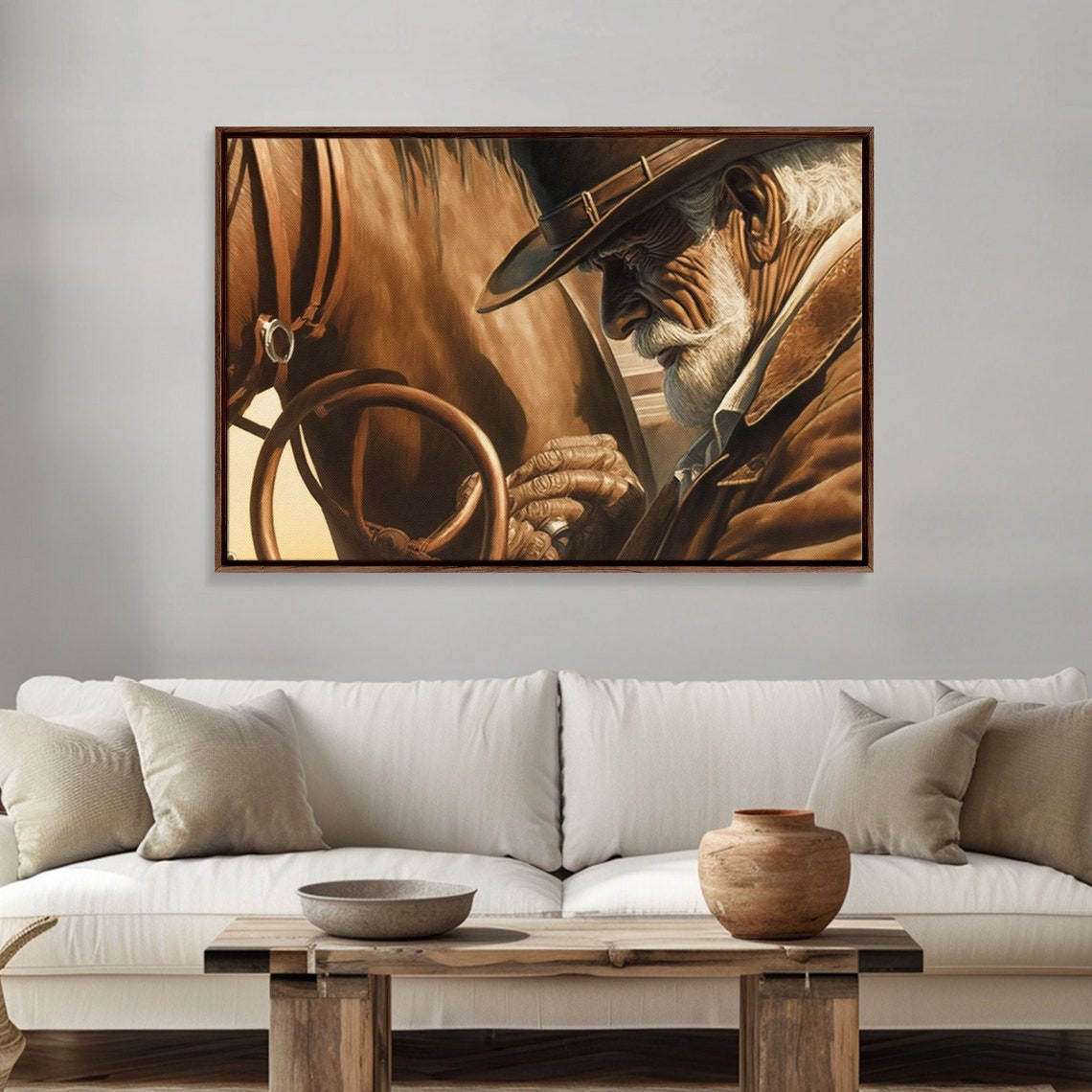 Old Cowboy Adjusting Saddle Sepia Tone Horse Western Art Wall Poster