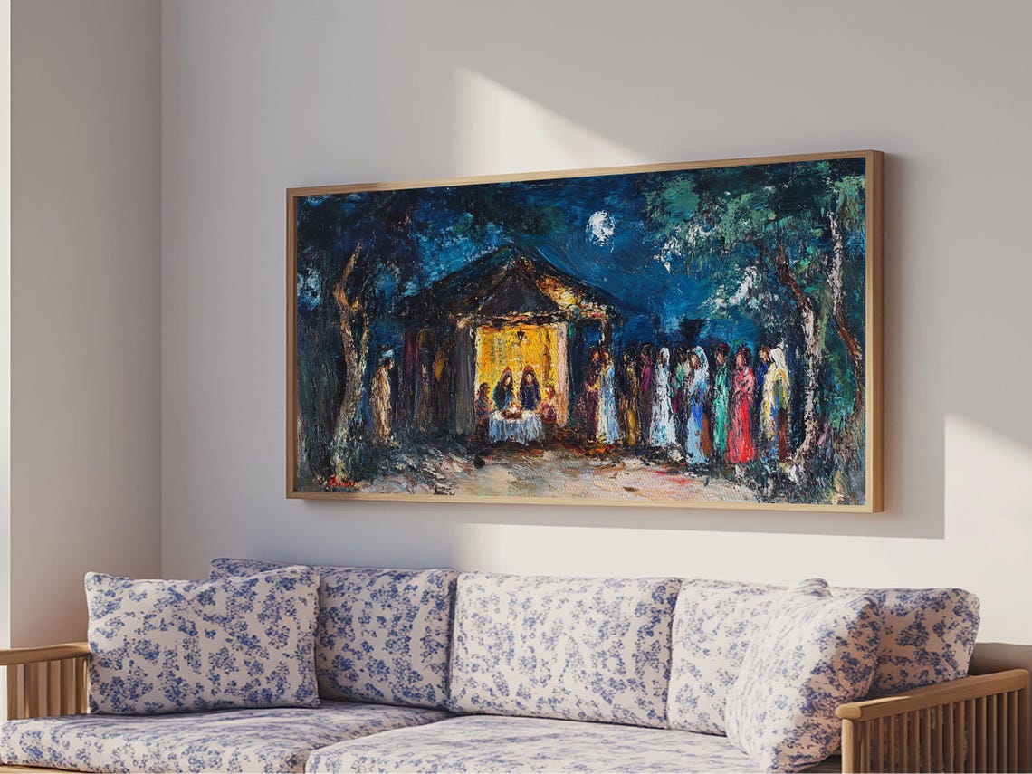 Moonlit Nativity Stable Golden Glow Abstract Christmas Art Poster - Image 3