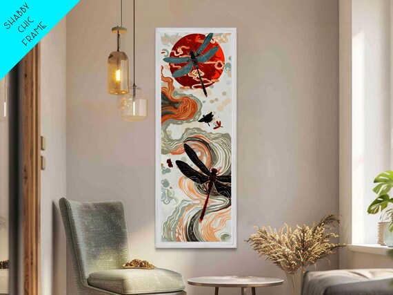 Vivid Dragonflies Against Bold Red Sun With Flowing Clouds Skinny Art Japanese Wall Decor Framed Print Ukiyo E Style