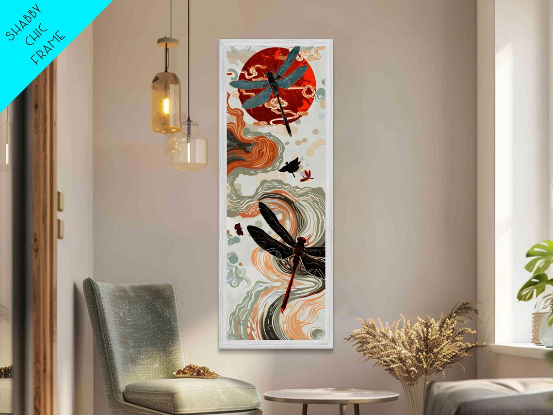 Dragonflies Bold Red Sun Flowing Clouds Japanese Style Tall Vertical Wall Art Poster