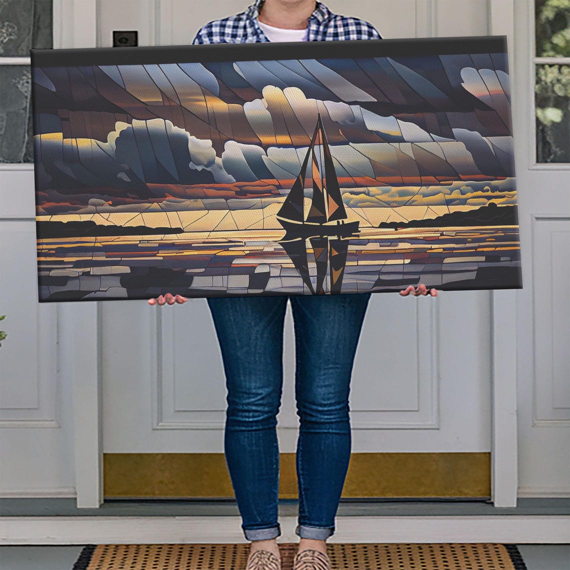 Stained Glass Sailboat Sunset Mosaic Dark Clouds Nautical Art Poster - Image 4