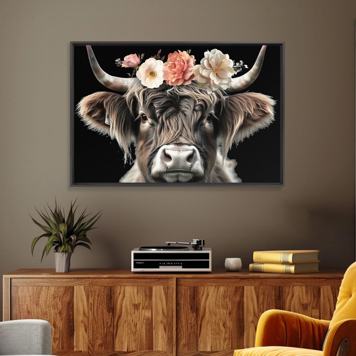 Highland Cow Flower Crown Portrait Charming Farm Animal Art Print - Image 6