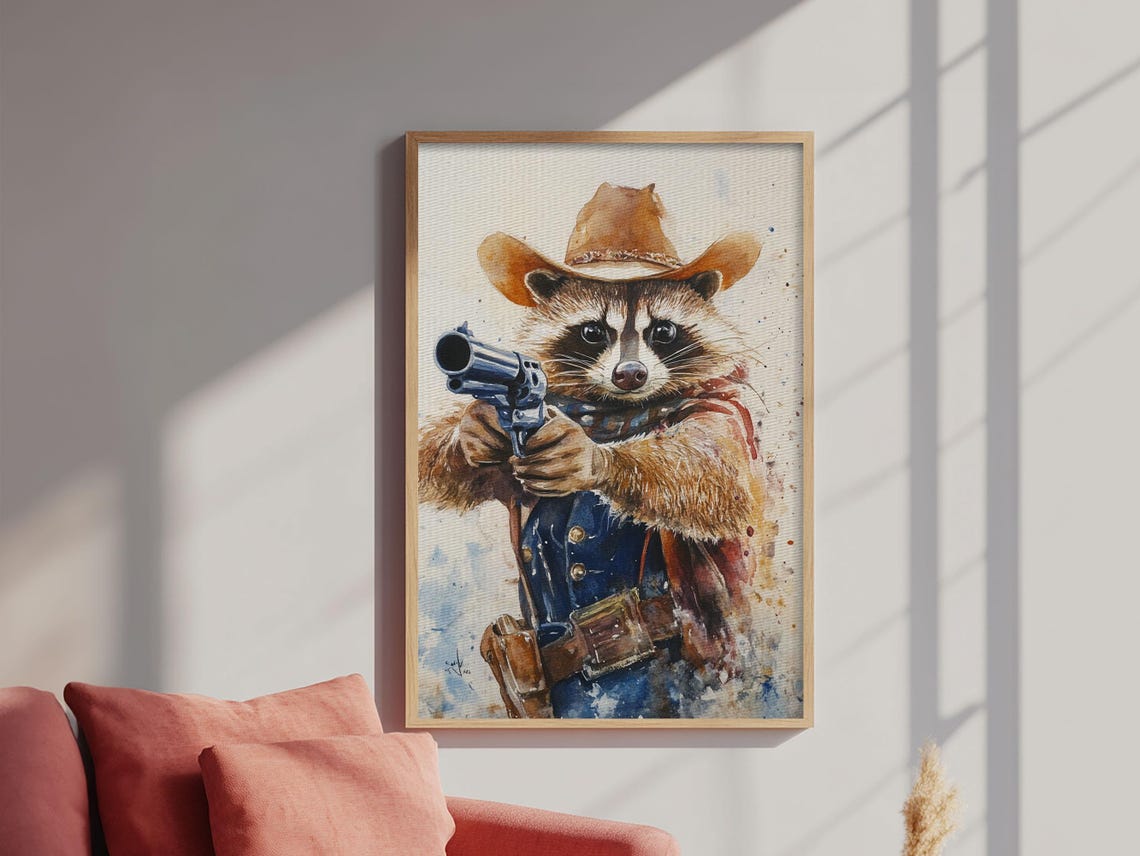 Rootin Tootin Racoon Cowboy Framed Print Ready To Hang Racoon Painting - Image 6