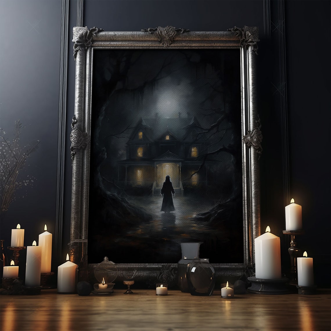 Haunted Mansion Moonlight Hooded Figure Dark Gothic Horror Art Poster - Image 4