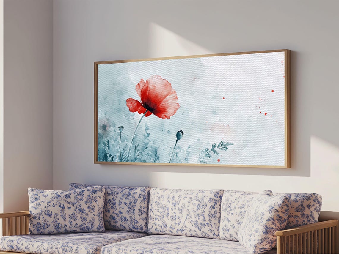 Single Red Poppy Watercolor Minimalist Floral Botanical Wall Poster - Image 4