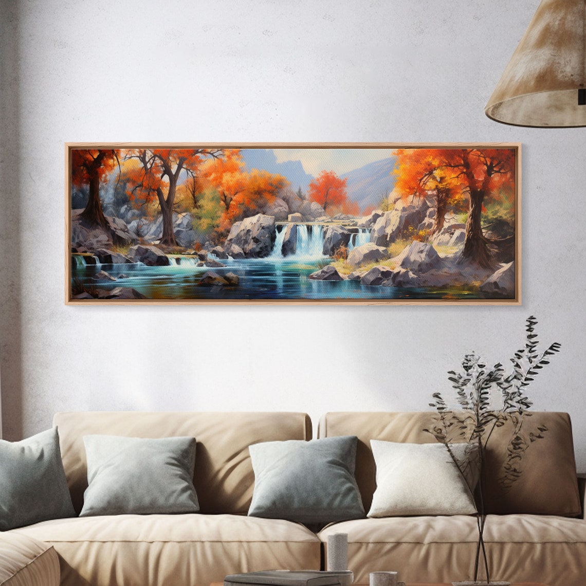 Autumn Waterfall Landscape Painting Orange Trees Rocky River Art - Image 4