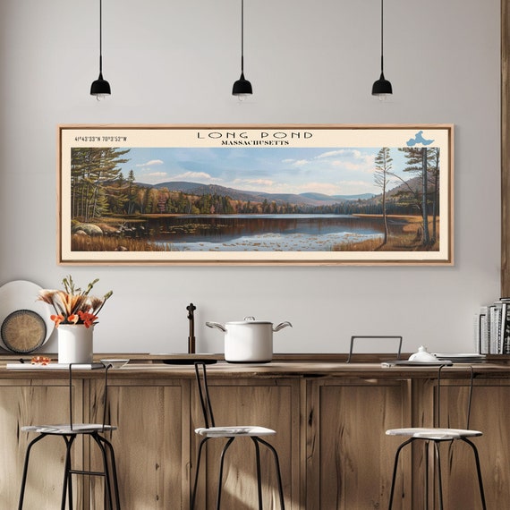 Long Pond Massachusetts Framed Print Lake House Decor Panoramic Wall Art Travel Poster Landscape Painting Living Room Decor