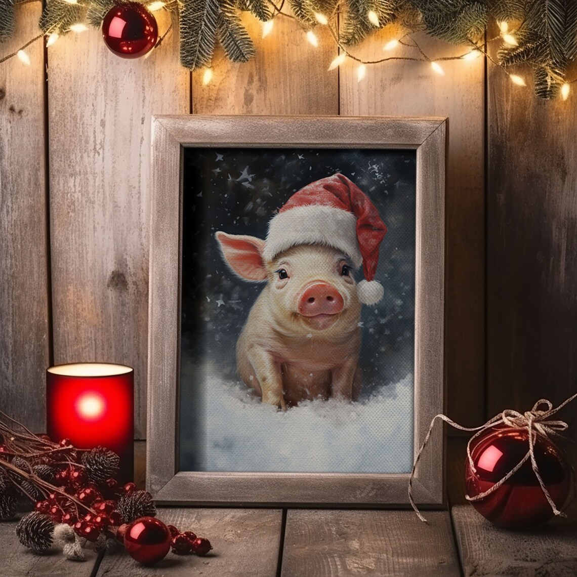 Christmas Pig in a Santa Hat, Vintage Art Print - Image 6