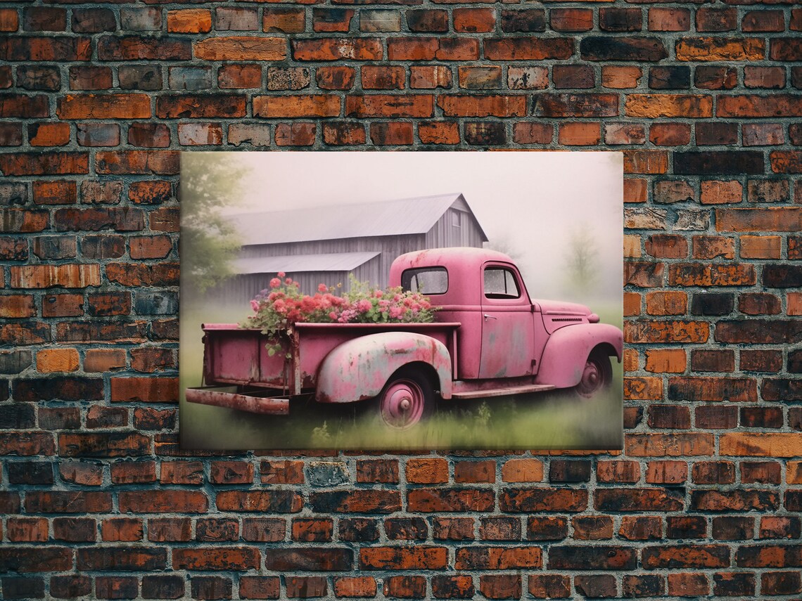 Old Truck With Flowers and Old Barn, Farmhouse Art Print