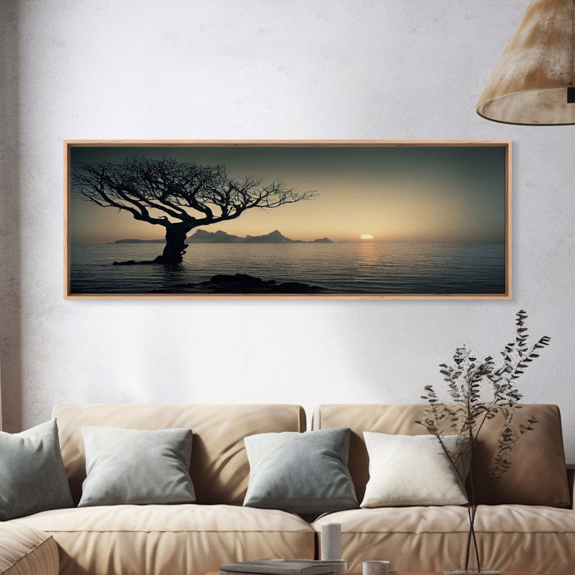 Lone Tree Silhouette Over Ocean At Golden Sunset Panoramic Print - Image 4