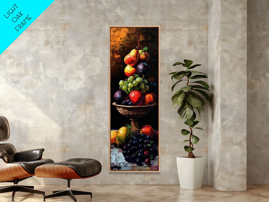 Still Life Oil Painting Print Of Fruit Kitchen Decor Kitchen Wall Art Grapes Painting Skinny Art Skinny Vertical Art Tall Skinny Art - Image 3