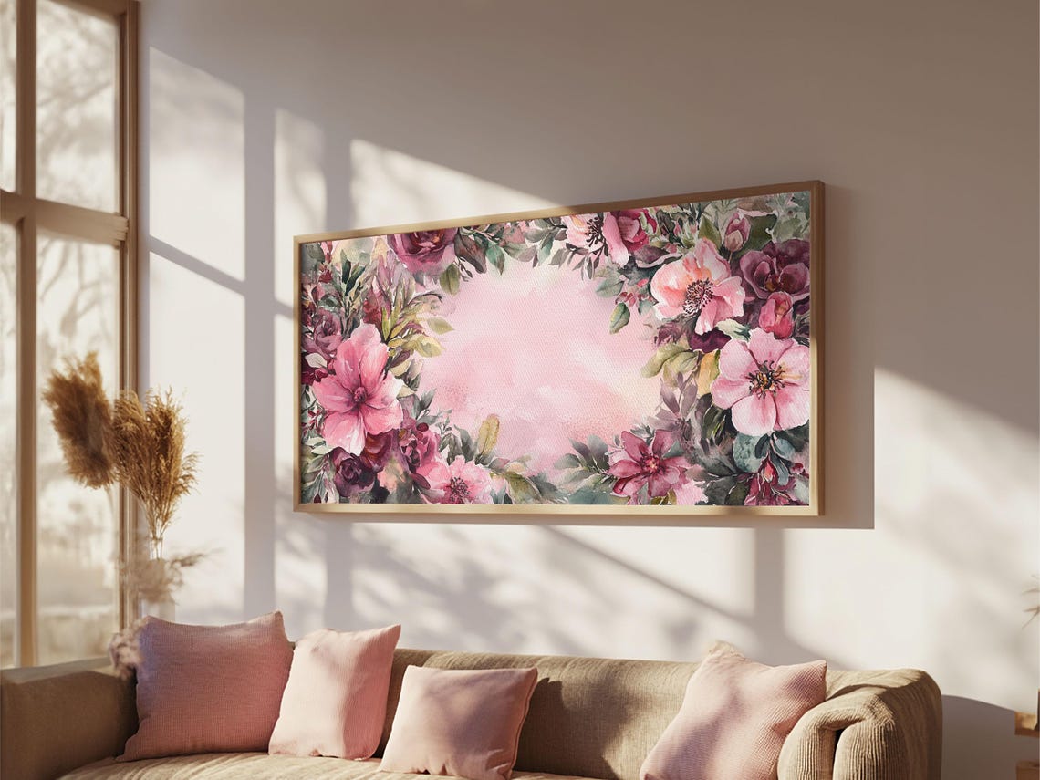 Blush Pink Floral Border Watercolor Botanical Frame Art Print Poster