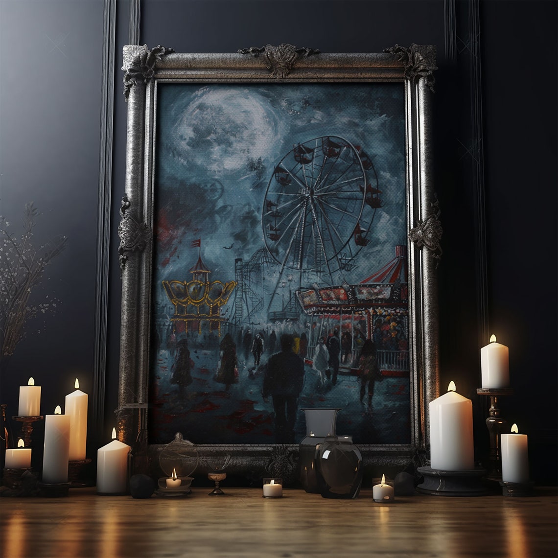 Eerie Haunted Carnival Full Moon Ferris Wheel Nightmare Scene Poster - Image 5