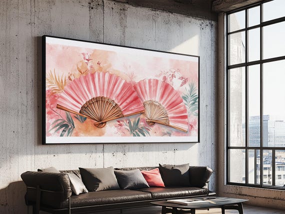 Pink Hand Fan Print Whimsical Boho Wall Art Feminine Chinoiserie Artwork Cottagecore Pastel Decor Bedroom Whimsical Art