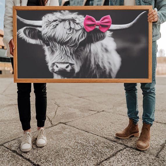 Highland Cow Wall Art Farmhouse Decor Black And White Cow Cute Cow Wearing A Pink Bow Framed Print Scottish Cow Art