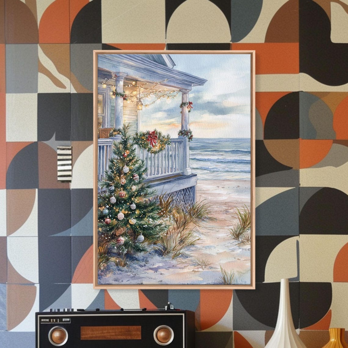 Coastal Christmas Tree On Beach By Porch Ocean View Art Poster - Image 2