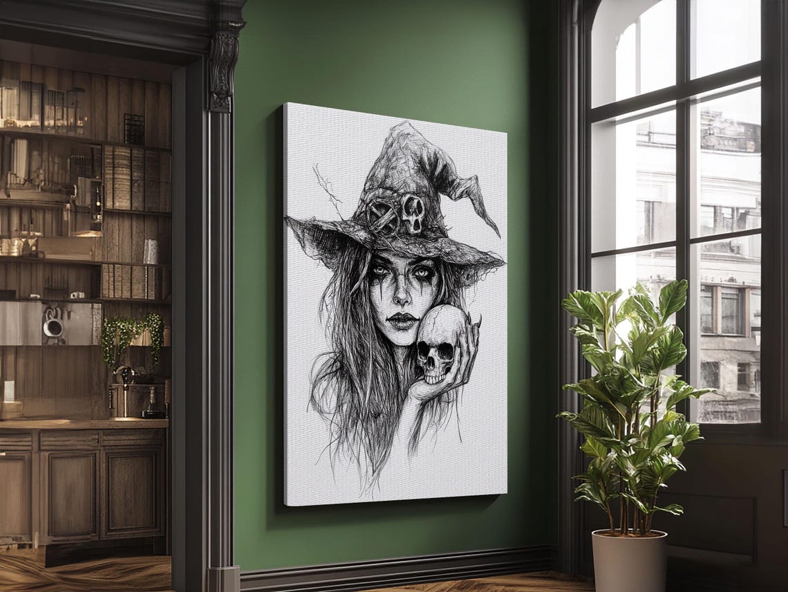 Witch Holding Skull Charcoal Portrait Dark Halloween Art Poster - Image 6