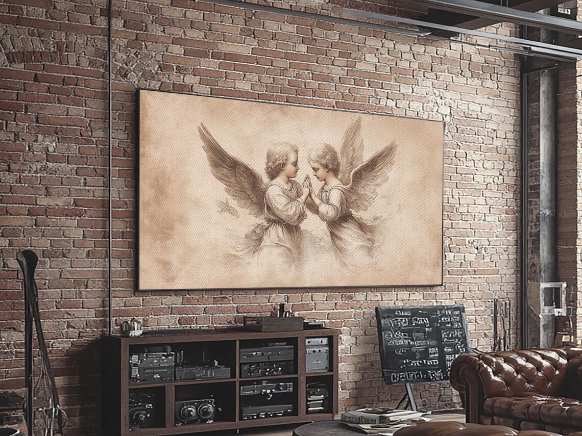 Guardian Angel Sketch Print Two Cherubs Praying Together Sepia Wall Art - Image 4