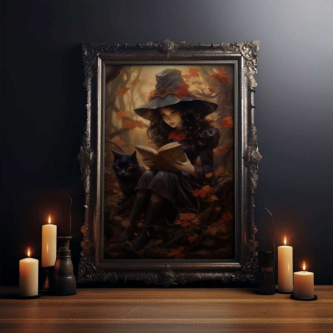 Cute Little Witch and Cat, Vintage Halloween Art Print - Image 3