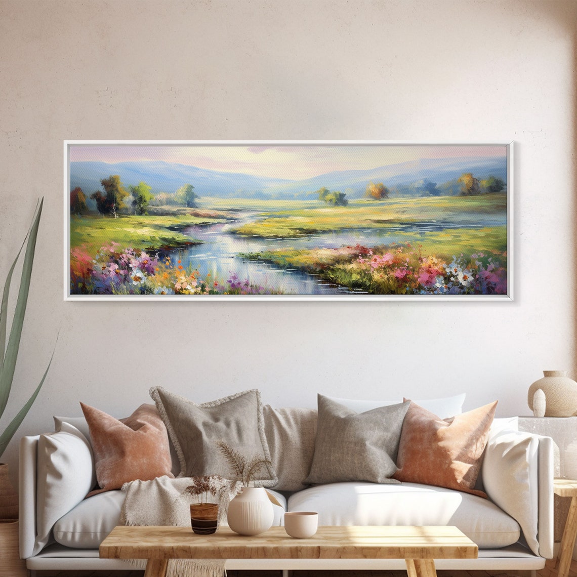Spring Meadow River Wildflowers Soft Hills Impressionist Nature Print