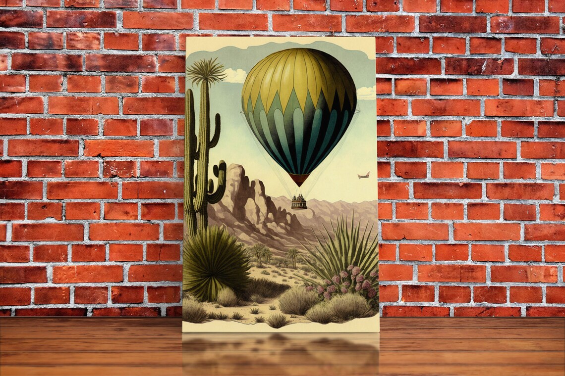 Retro Art Deco Hot Air Balloon Desert Art Print