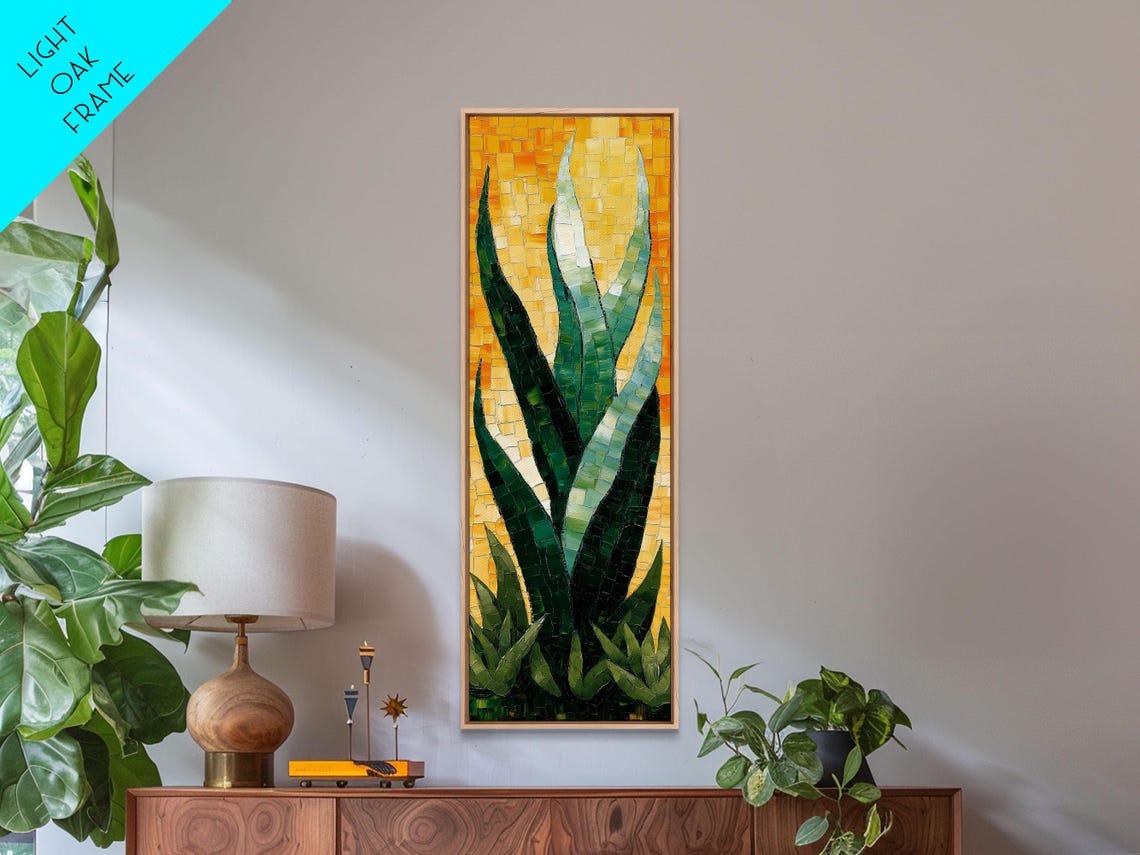 Mosaic Agave Plant Green Leaves On Golden Tile Vertical Art Poster - Image 5